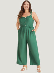 Solid Button Detail Pocket Elastic Waist Knotted Shoulder Jumpsuit