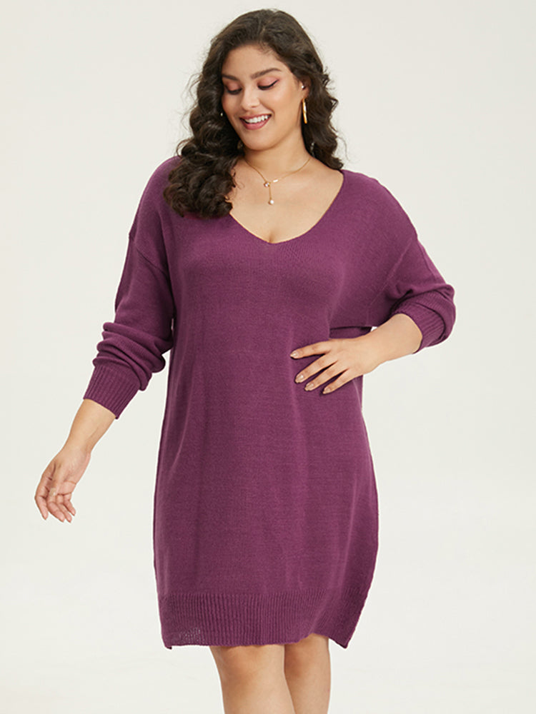 Plain Split Side Elastic Cuffs Sweater Dress