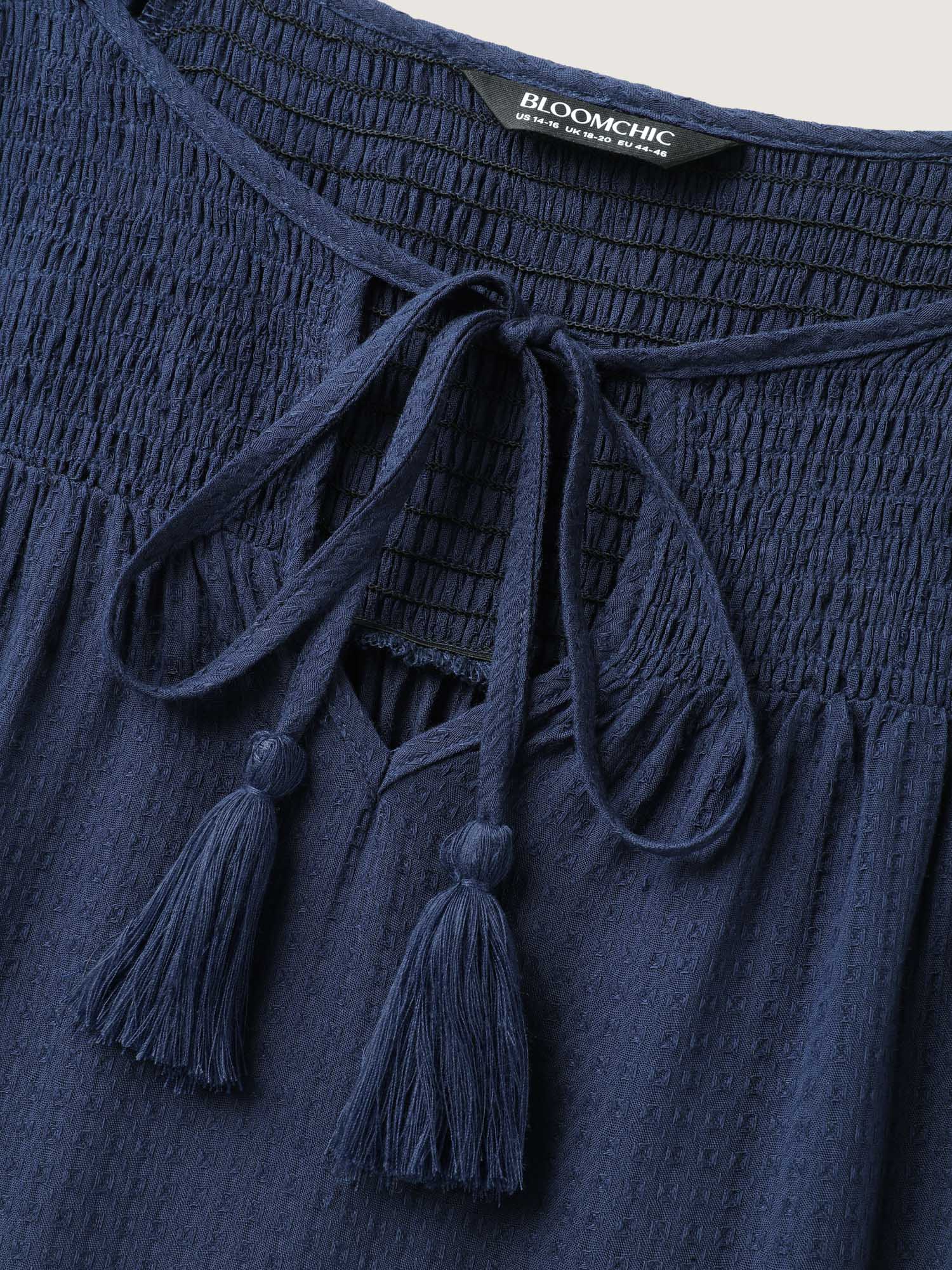 Shirred Neck Tie Tiered Puff Sleeve Dress