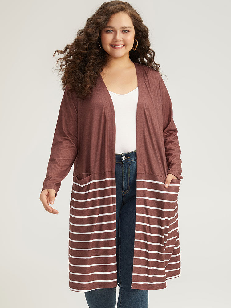 Striped Contrast Pocket Open Front Kimono