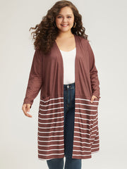 Striped Contrast Pocket Open Front Kimono