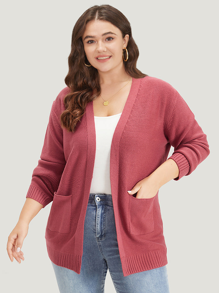 Solid Patched Pocket Open Front Long Sleeve Cardigan