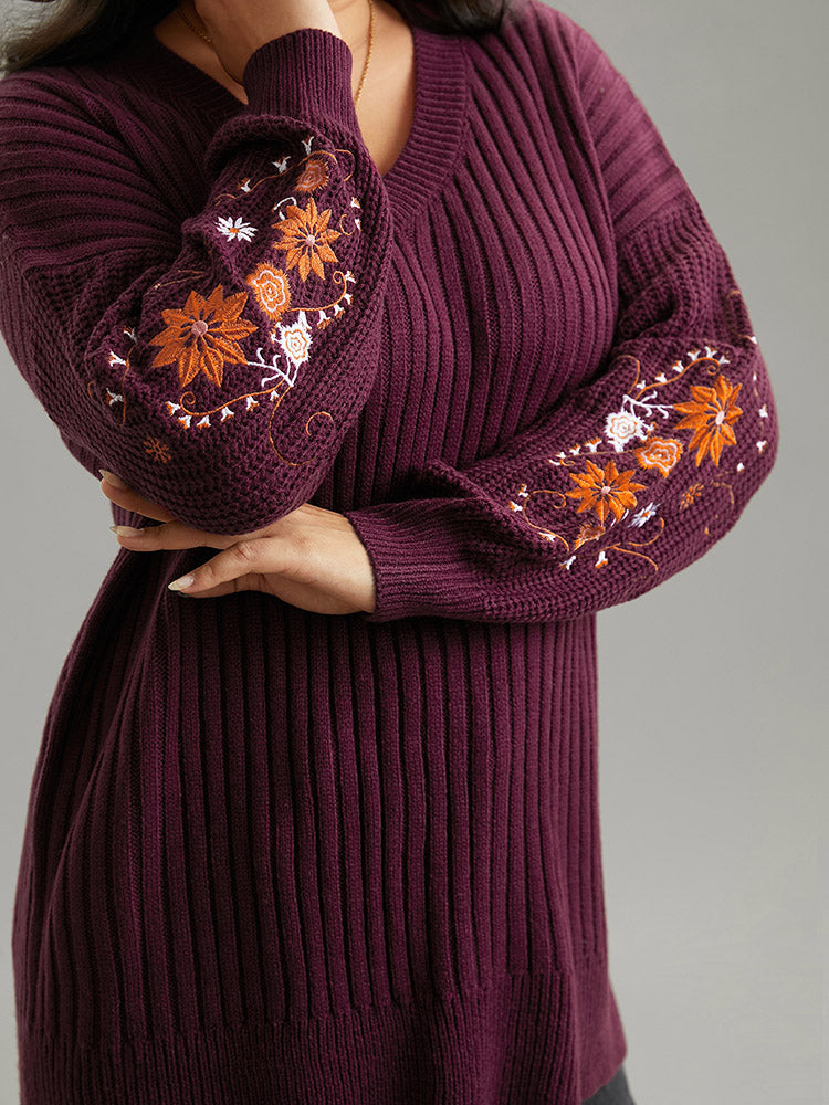 Floral Embroidered Plisse Drop Shoulder Pullover