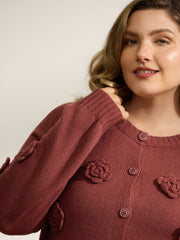 3D Floral Pattern Round Neck Knit Cardigan