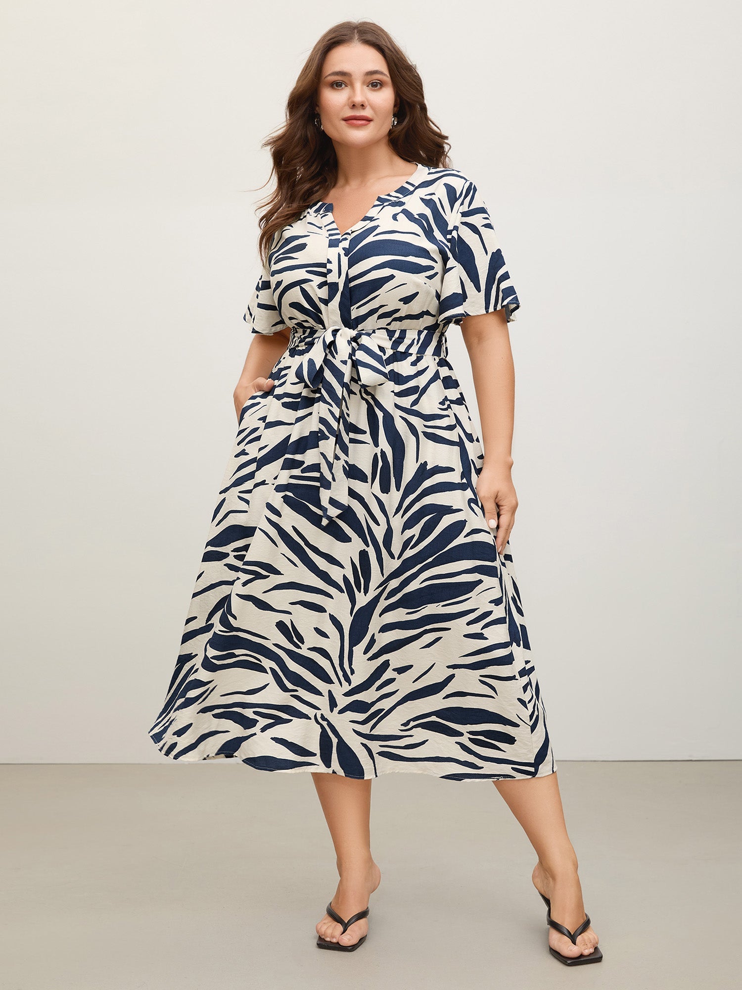 Abstract Print Belted Pockets Midi Dress