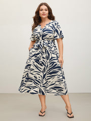 Abstract Print Belted Pockets Midi Dress