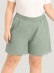 Solid Pocket Raw Edges Elastic Waist Shorts