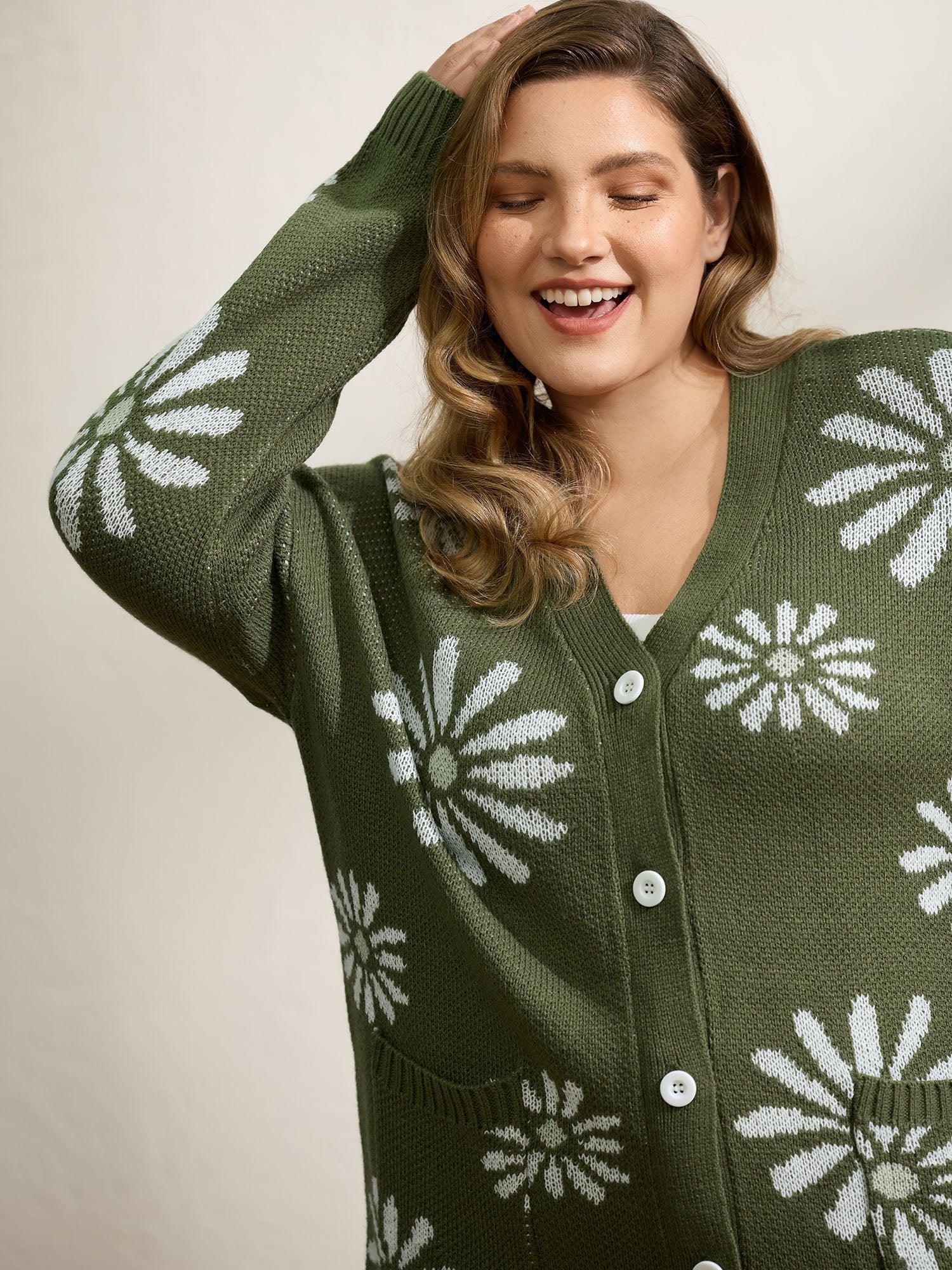 Floral Jacquard Button Pockets Knit Cardigan