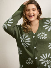 Floral Jacquard Button Pockets Knit Cardigan