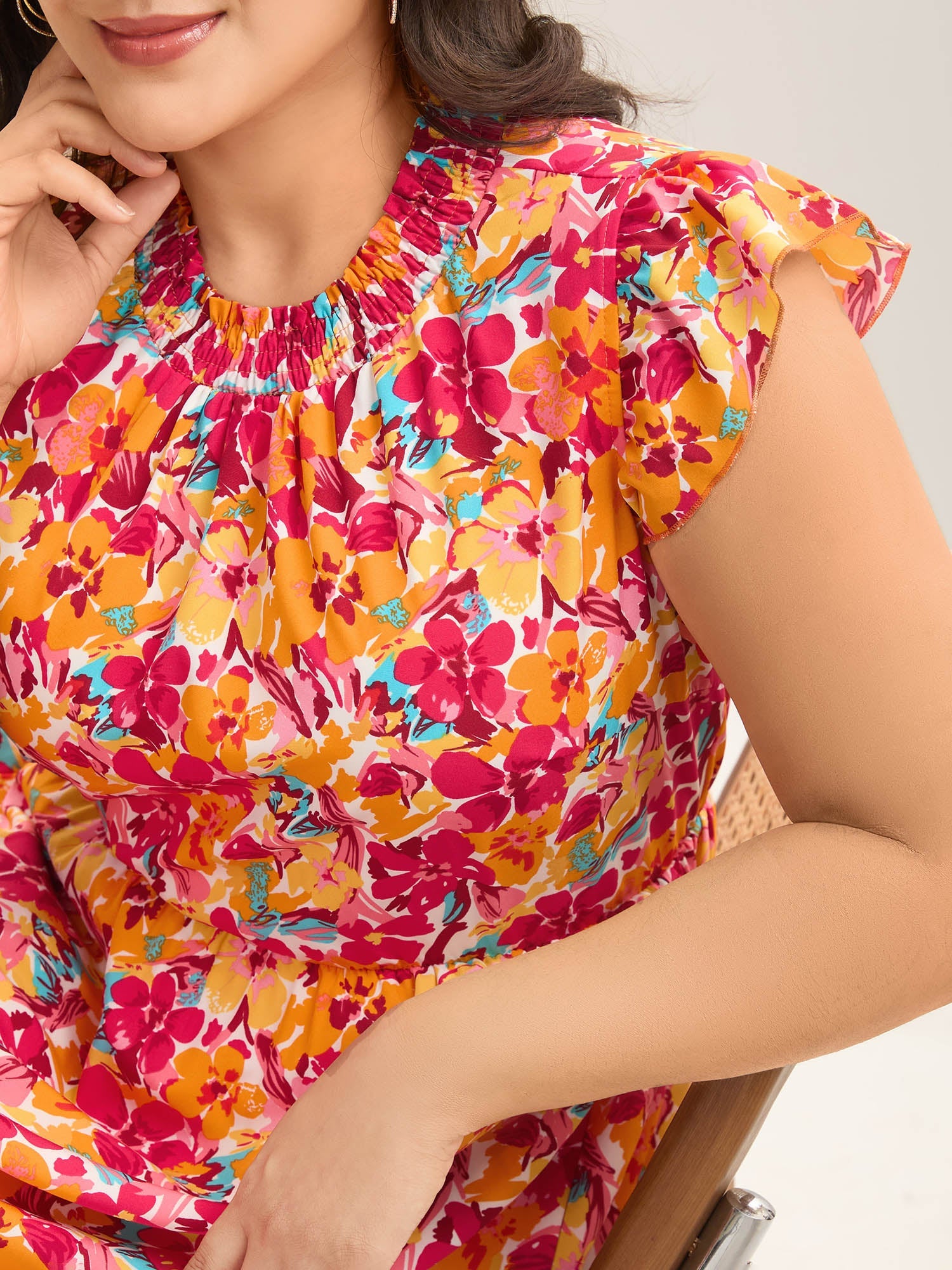 Floral Print Shirred Pockets Midi Dress