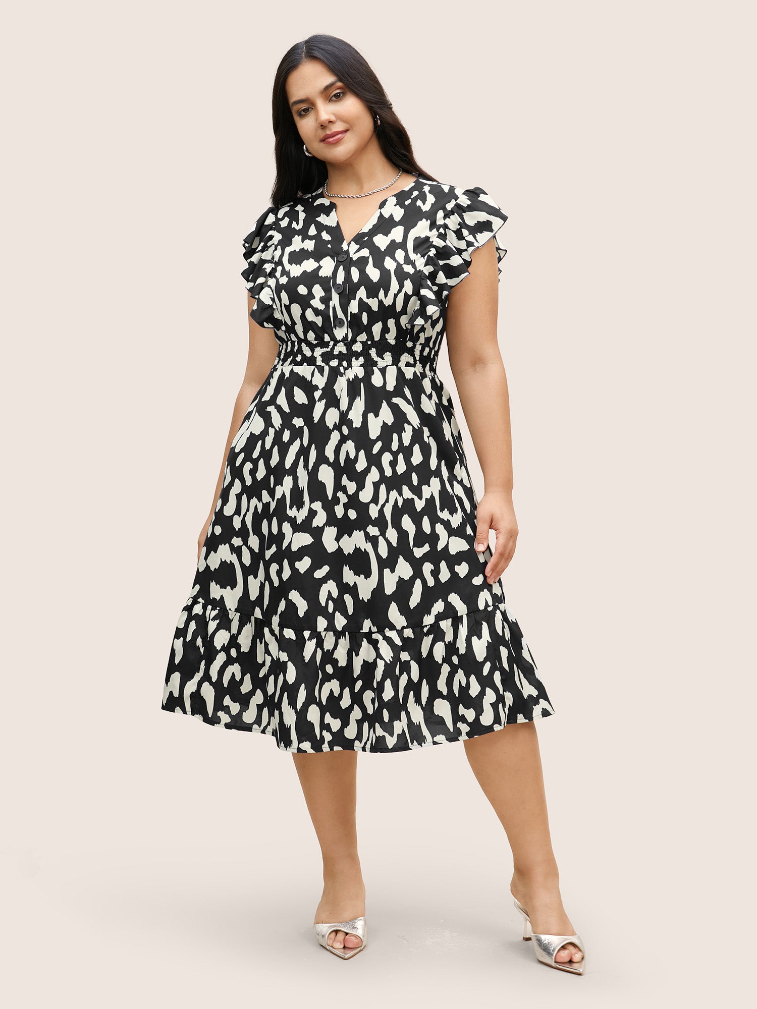 Notched Leopard Print Cap Sleeve Ruffles Dress