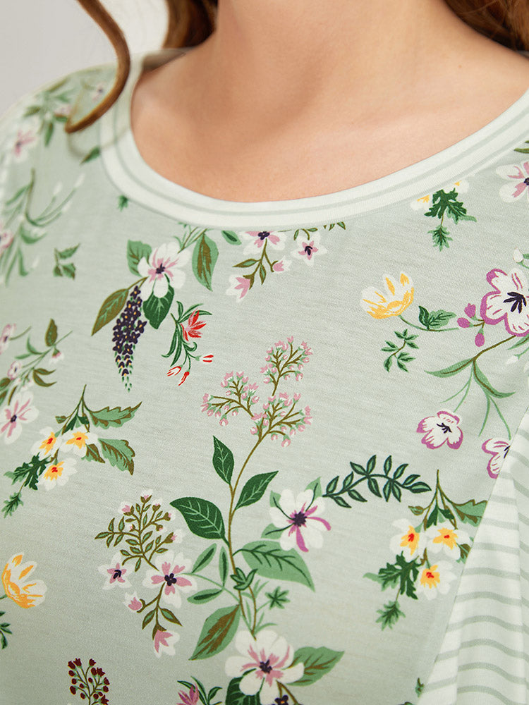 Floral Patchwork Round Neck Striped Ruffle Trim T-shirt