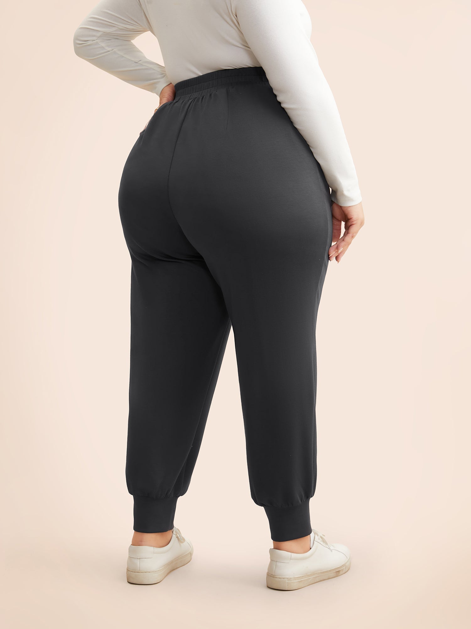 Solid Elastic Waist Carrot Pants