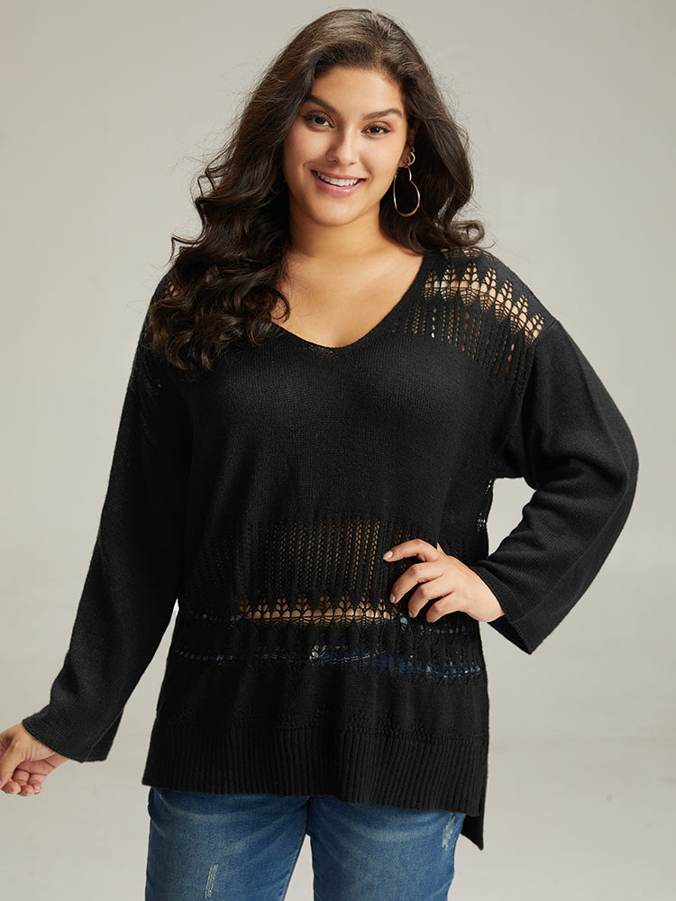 Solid Hollow Out Split V Neck Pullover
