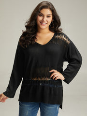 Solid Hollow Out Split V Neck Pullover