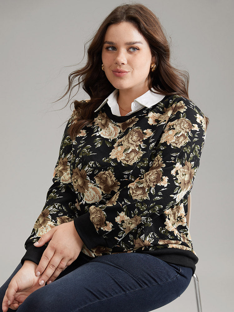2-In-1 Floral Print Shirt Collar Sweatshirt
