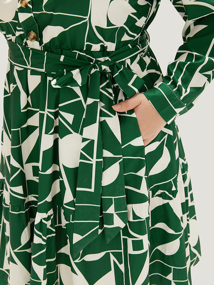 Geometric Shirt Collar Belted Pocket Flutter Dress