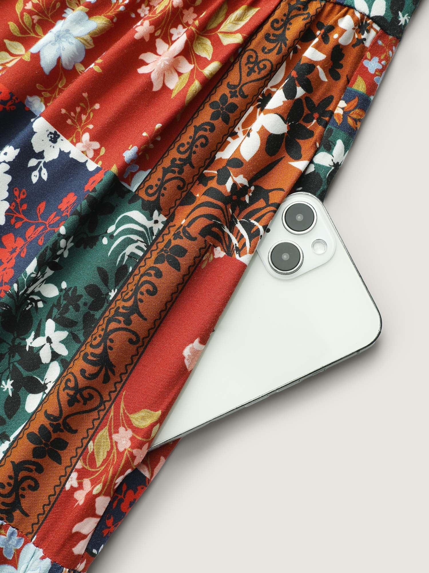 Floral Collage Print Deep V-Neck Midi Dress