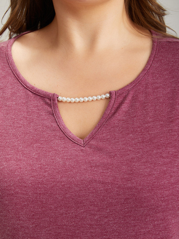 Plain Keyhole Pearl Beaded Flutter Sleeve T-shirt