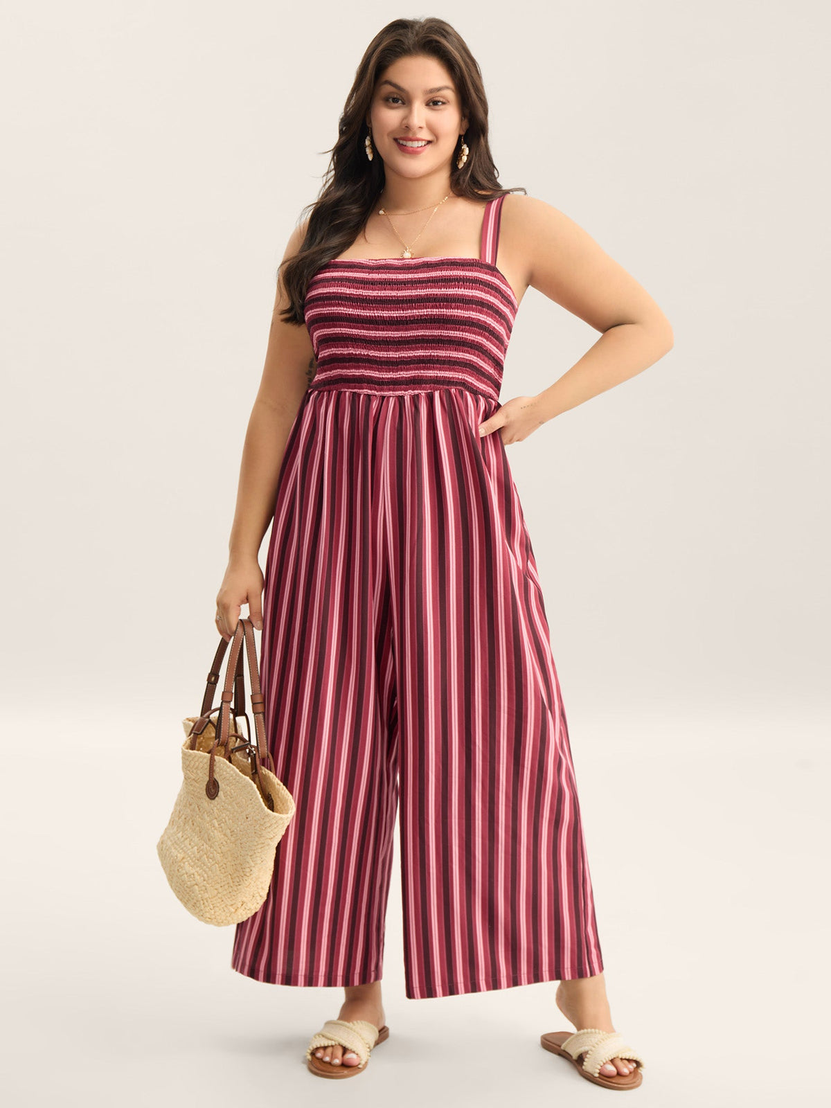 Shirred Stripes Adjustable Pockets Jumpsuit