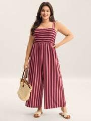 Shirred Stripes Adjustable Pockets Jumpsuit