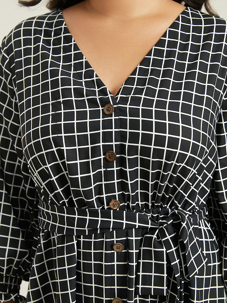 Gingham Button Detail Pocket Lantern Sleeve Dress