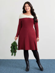 Fuzzy Off-Shoulder Color Block Sweater Dress