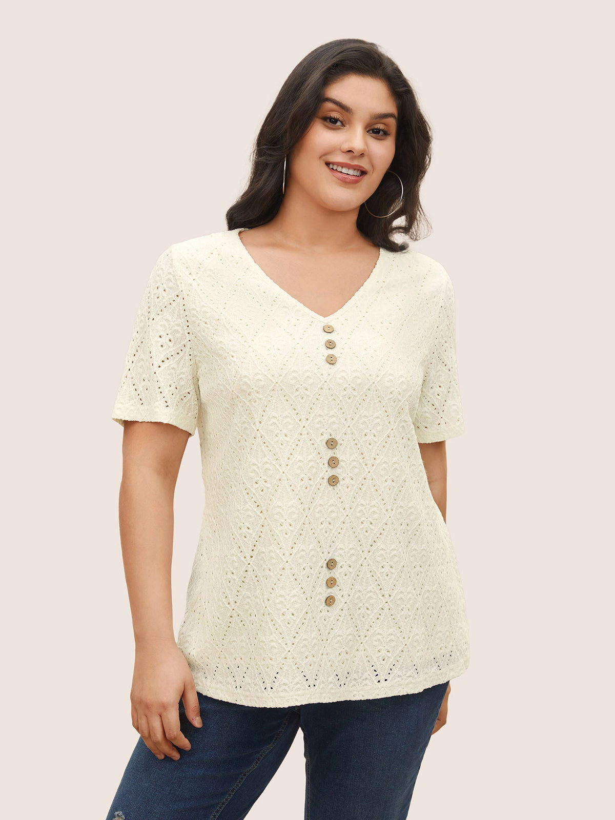 Solid Plisse V Neck Button Detail T-shirt