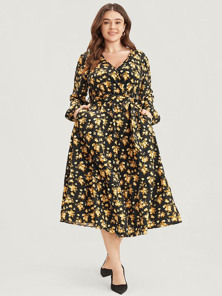 Floral Printed Pocket Lantern Sleeve Belted Wrap Midi Dress