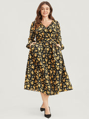 Floral Printed Pocket Lantern Sleeve Belted Wrap Midi Dress