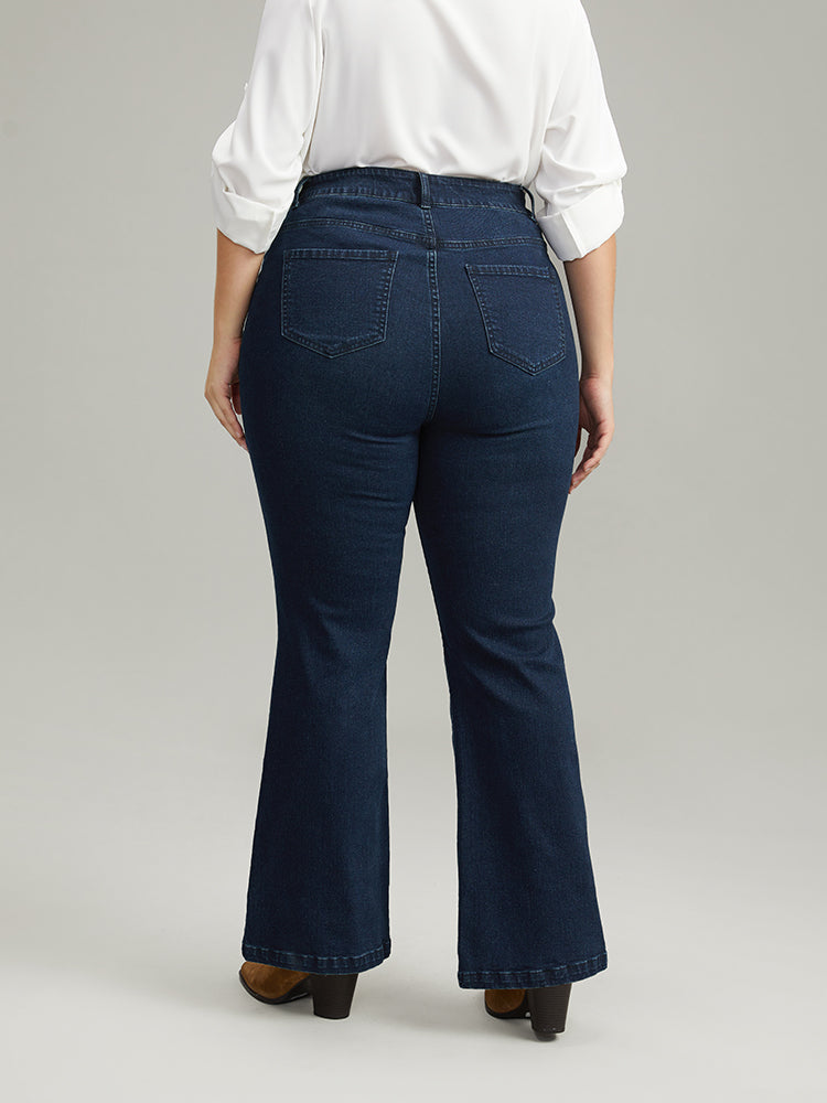 Plain Button Detail Flare Leg Full Length Jeans