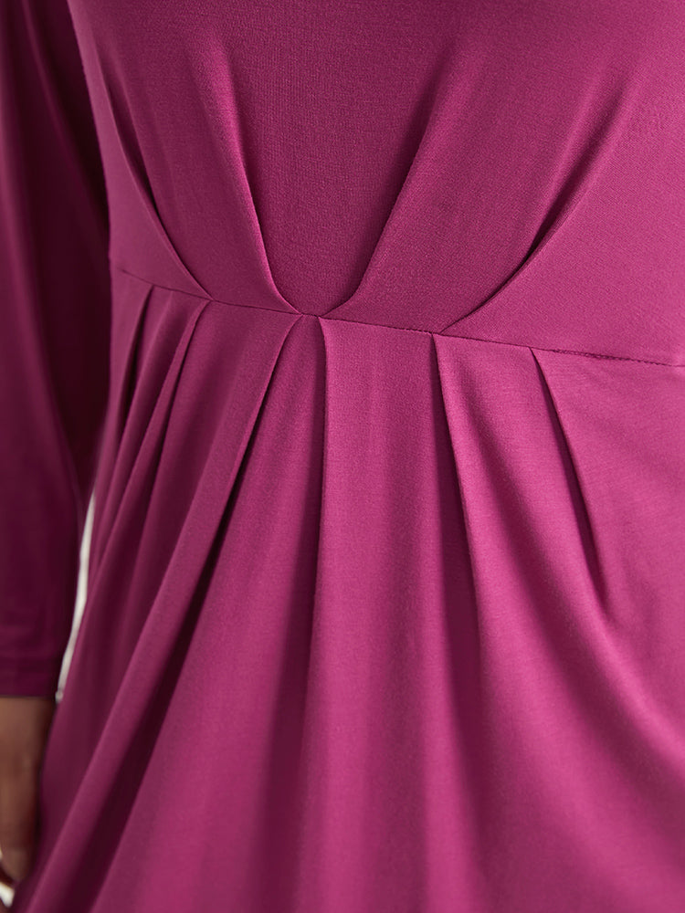 Solid Pocket V Neck Plicated Detail Dress