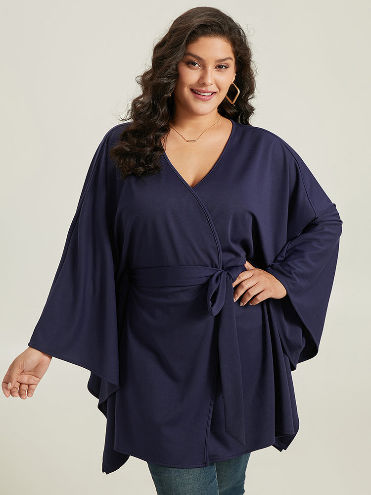 Plain Drape  Surplice Neck Belted Kimono