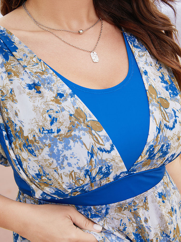 Graphic Patchwork Sculpt Waist Hanky Hem Swim Dress