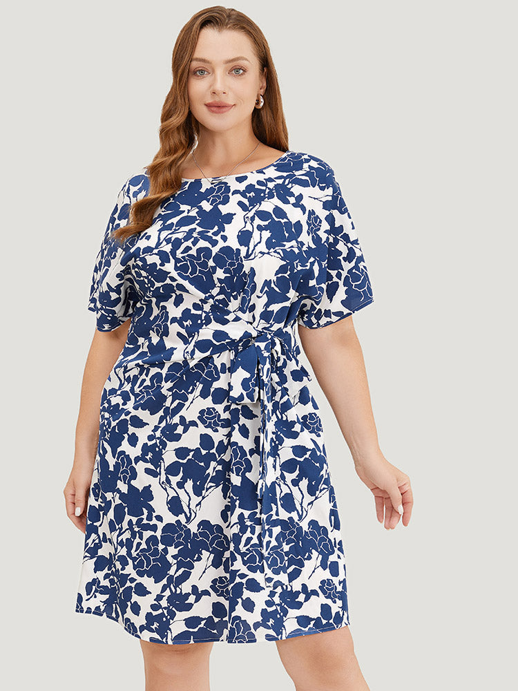 Floral Print Batwing Sleeve Pocket Knot Side Dress