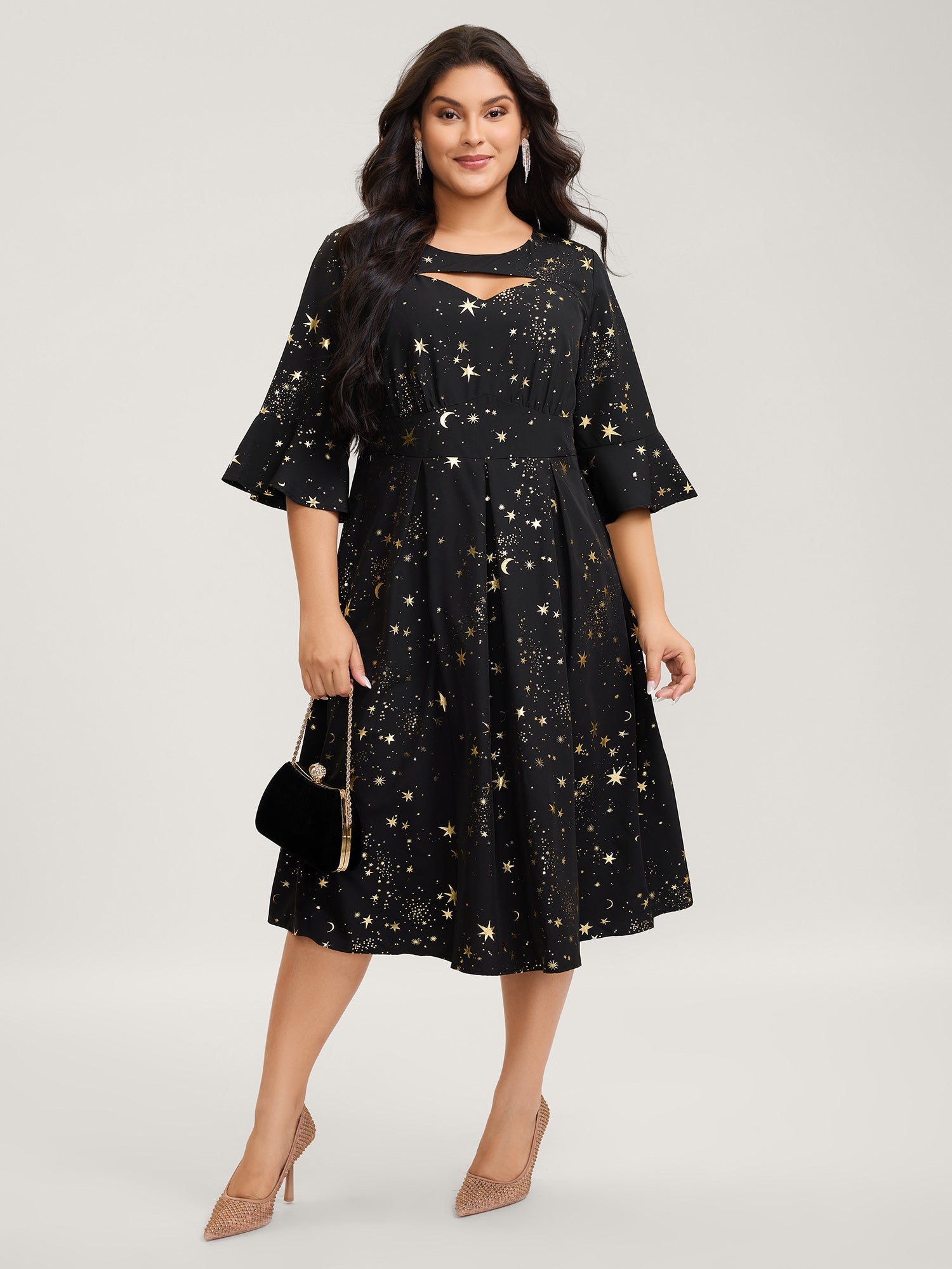 Shimmery Starry Neck Cut-Out Midi Dress