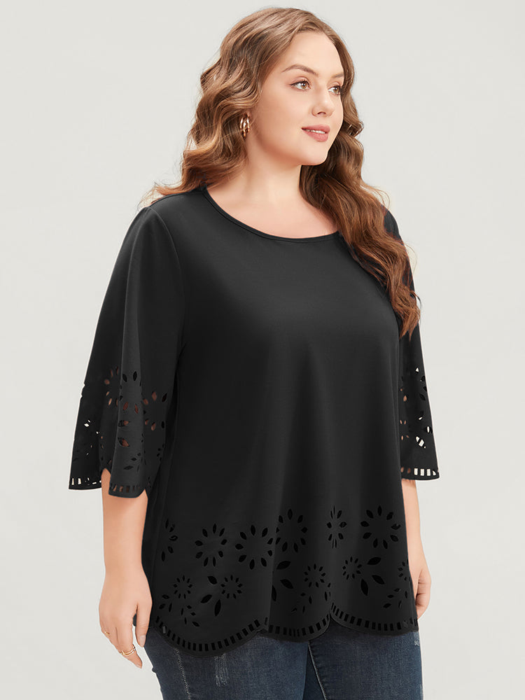 Solid Laser Cut Scalloped Trim T-shirt