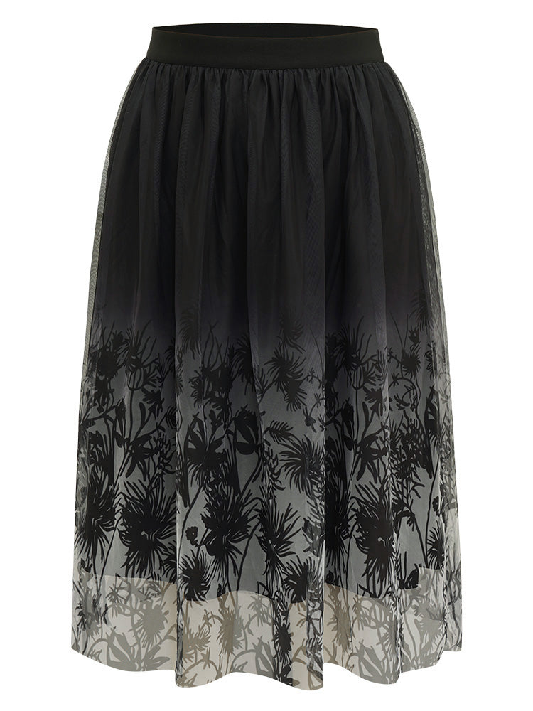 Silhouette Floral Print Ombre Mesh Skirt
