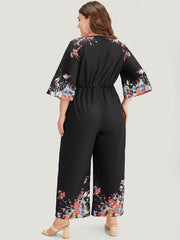 Boho Print Drawstring Pocket Flutter Sleeve Jumpsuit