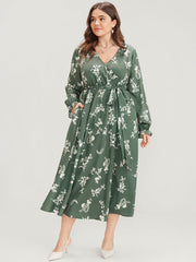 Floral Wrap Pocket Lantern Sleeve Belted Ruffle Dress