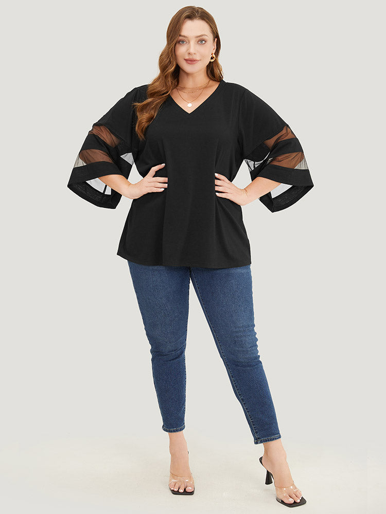 Solid Mesh Patchwork V Neck T-shirt