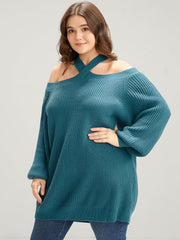 Solid Pointelle Knit Lantern Sleeve Cold Shoulder Knit Top