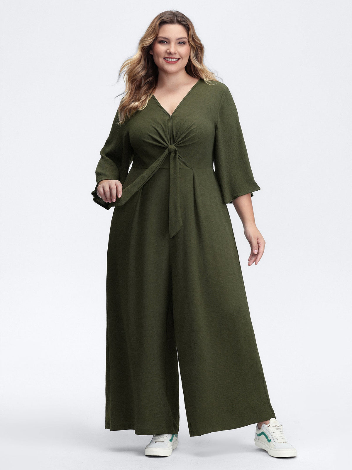 Tie-Front Three Quarter Sleeve Jumpsuit