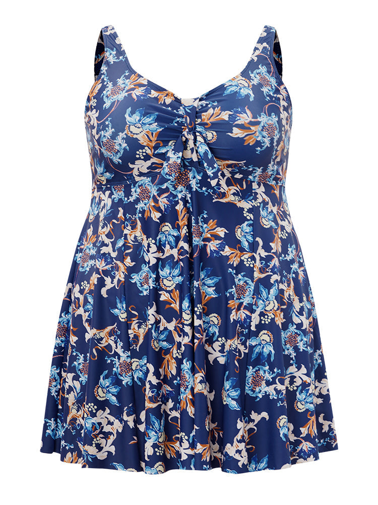 Floral Knot Front Ruched Ruffles Swim Dress