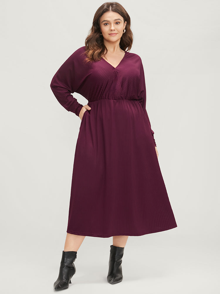 Solid Dolman Sleeve Pocket Rib Knit Wrap Dress