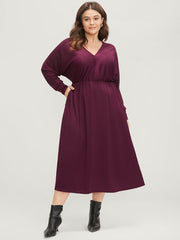 Solid Dolman Sleeve Pocket Rib Knit Wrap Dress