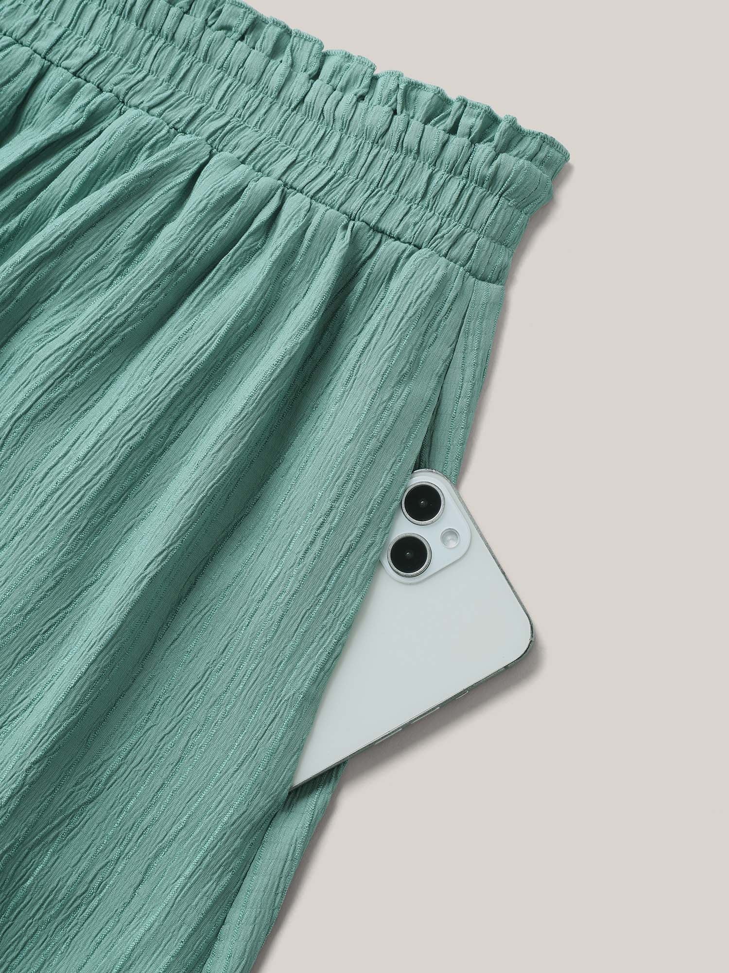 Smocked Waist Textured Pleated Midi Skirt