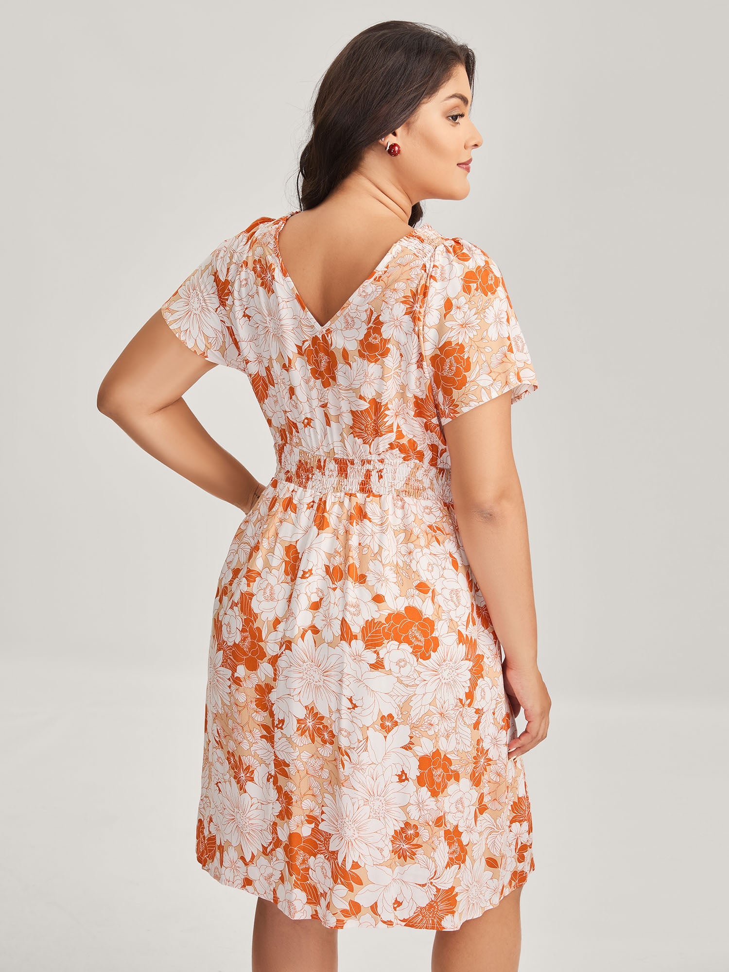 Shirred Neck Floral Print Midi Dress