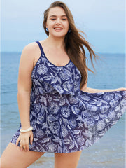 Floral Printed Adjustable Straps Ruffle Trim Tankini Top