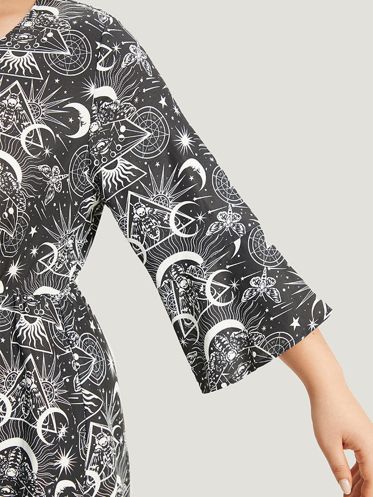 Halloween Moon & Star Lace Up Pocket Bell Sleeve Dress